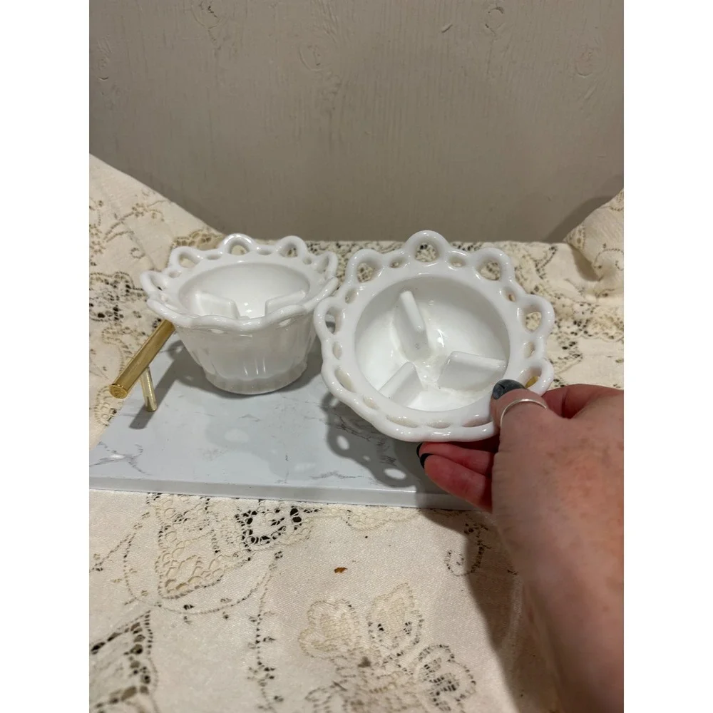 Vintage White Milk Glass Lace Edge Taper Candle Holders Set of 2